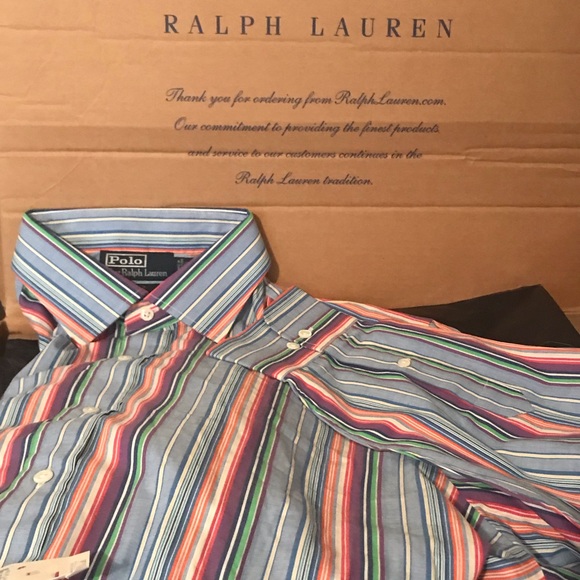 POLO RALPH LAUREN ORANGE GREEN BLUE STRIPED DRESS SHIRT NWT